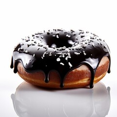 A delicious donut with black icing and sprinkle isolated on white background. Generative AI.