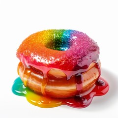 A delicious donut with colorful icing and sprinkle isolated on white background. Generative AI.