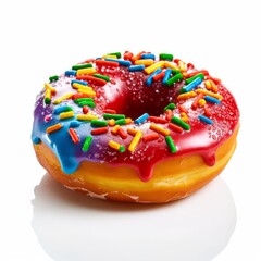 A delicious donut with colorful icing and sprinkle isolated on white background. Generative AI.