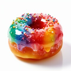 A delicious donut with colorful icing and sprinkle isolated on white background. Generative AI.