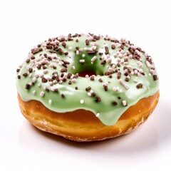 A delicious donut with green icing and sprinkle isolated on white background. Generative AI.