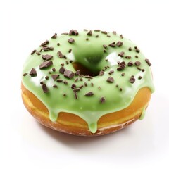 A delicious donut with green icing and sprinkle isolated on white background. Generative AI.