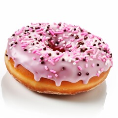 A delicious donut with pink icing and sprinkle isolated on white background. Generative AI.