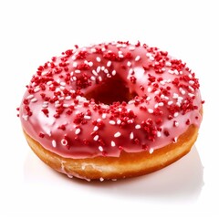 A delicious donut with red icing and sprinkle isolated on white background. Generative AI.