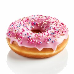 A delicious donut with pink icing and sprinkle isolated on white background. Generative AI.