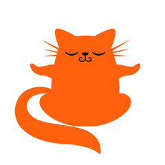 Cute and smile ginger cat silhouette in yoga pose. Fluffy cat cartoon character doodle. Adorable kitten on transparent background. Design illustration for sticker, greeting card, comic, print.