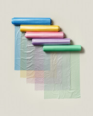 Set colored plastic bags in rolls as flat lay pattern. Bright colorful polyethylene packets for...
