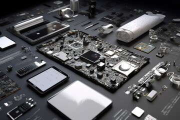 Fototapeta premium Close-up of the motherboard of a modern computer. 3D rendering, generative Ai