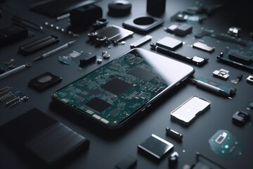 Smartphone with circuit board on a dark background. 3D rendering, generative Ai
