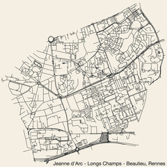 Fototapeta na wymiar Detailed hand-drawn navigational urban street roads map of the EANNE D'ARC - LONGS-CHAMPS - ATALANTE BEAULIEU QUARTER of the French city of RENNES, France with vivid road lines and name tag on solid b