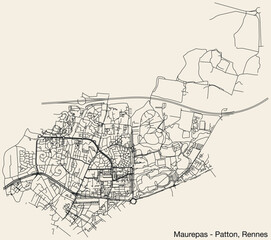 Fototapeta na wymiar Detailed hand-drawn navigational urban street roads map of the MAUREPAS - PATTON QUARTER of the French city of RENNES, France with vivid road lines and name tag on solid background