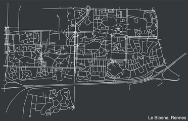 Detailed hand-drawn navigational urban street roads map of the LE BLOSNE QUARTER of the French city of RENNES, France with vivid road lines and name tag on solid background