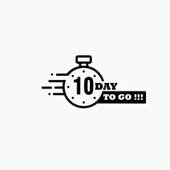 10 days left. Vector emblem with the number of days remaining. label, black alarm clock flat with ribbon, promotion icon, best deal symbol vector illustration.