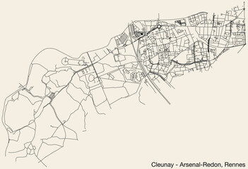 Detailed hand-drawn navigational urban street roads map of the CLEUNAY - ARSENAL-REDON QUARTER of the French city of RENNES, France with vivid road lines and name tag on solid background