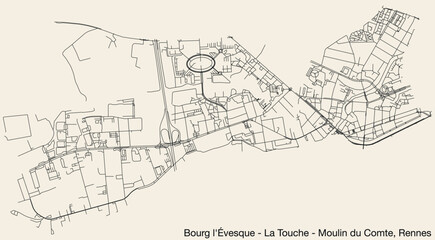 Detailed hand-drawn navigational urban street roads map of the BOURG-L'ÉVESQUE - LA TOUCHE - MOULIN DU COMTE QUARTER of the French city of RENNES, France with vivid road lines and name tag on solid ba