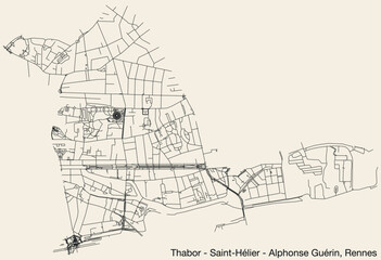 Detailed hand-drawn navigational urban street roads map of the THABOR - SAINT-HÉLIER - ALPHONSE GUÉRIN QUARTER of the French city of RENNES, France with vivid road lines and name tag on solid backgrou