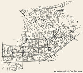 Fototapeta na wymiar Detailed hand-drawn navigational urban street roads map of the QUARTIERS SUD-EST QUARTER of the French city of RENNES, France with vivid road lines and name tag on solid background