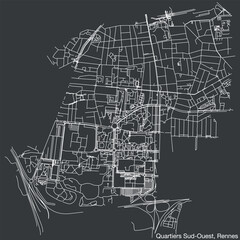 Detailed hand-drawn navigational urban street roads map of the QUARTIERS SUD-OUEST QUARTER of the French city of RENNES, France with vivid road lines and name tag on solid background