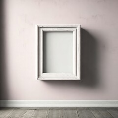 A single empty frame with a distressed white finish leans against a dark wooden bookshelf on a soft peach painted wall.

