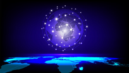 Digital technology worldwide global network internet connection blue background, Abstract cyber tech futuristic planet map world. 