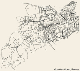 Detailed hand-drawn navigational urban street roads map of the QUARTIERS OUEST QUARTER of the French city of RENNES, France with vivid road lines and name tag on solid background