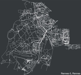 Detailed hand-drawn navigational urban street roads map of the RENNES-5 CANTON of the French city of RENNES, France with vivid road lines and name tag on solid background