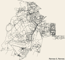 Detailed hand-drawn navigational urban street roads map of the RENNES-5 CANTON of the French city of RENNES, France with vivid road lines and name tag on solid background