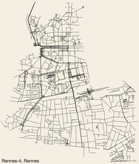 Detailed hand-drawn navigational urban street roads map of the RENNES-4 CANTON of the French city of RENNES, France with vivid road lines and name tag on solid background