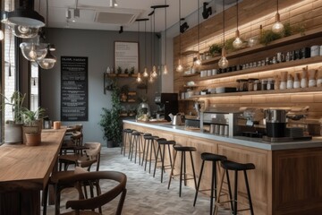 Fototapeta na wymiar Generative AI nature and simplistic kitchen in the cafe open space