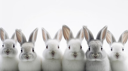 Fototapeta premium Groupe de lapins, blanc et gris, alignés, fond blanc