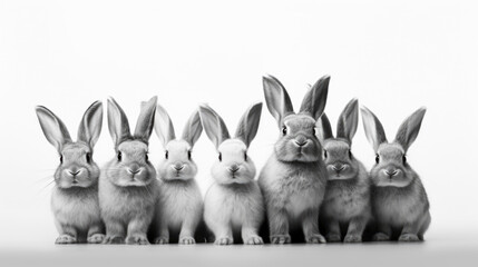 Obraz premium Groupe de lapins, blanc et gris, alignés, fond blanc