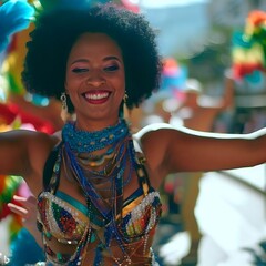A beautiful woman dancing with joy at the Rio Carnival, generative ai