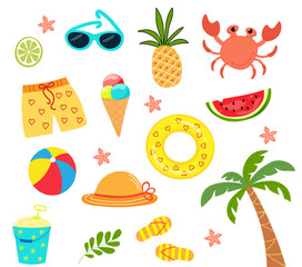 Summer set, cartoon hand drawn elements, summer flat icons. Beach, tropical palm tree, fruits, pineapple, watermelon, ice cream, boll, crab Summertime beach concept.