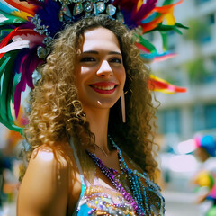 Fototapeta na wymiar A beautiful woman dancing with joy at the Rio Carnival, generative ai