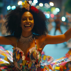 Obraz premium A beautiful woman dancing with joy at the Rio Carnival, generative ai