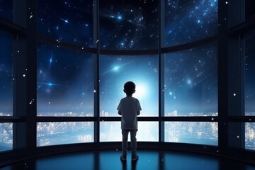 Fototapeta na wymiar Child look at the universe through the panoramic window of spaceship, created with Generative AI Technology