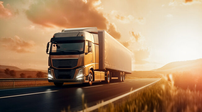 Truck with cargo driving on motorway at sunset with cloudy sky. AI generated image