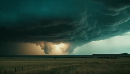 Fototapeta na wymiar Dramatic sky over rural meadow, ominous storm cloud brings danger generated by AI