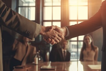 Business people shaking hands, finishing up a meeting   - obrazy, fototapety, plakaty