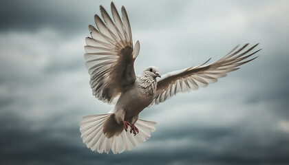 A tranquil scene of a homing pigeon hovering mid air generated by AI