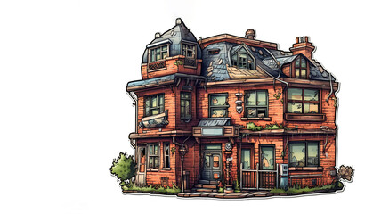 Fototapeta premium Painted old abandoned house made of red bricks on a white background, copy space, Generated AI