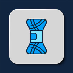 Filled outline Yarn icon isolated on blue background. Label for hand made, knitting or tailor shop. Vector