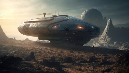Fototapeta na wymiar Futuristic spaceship orbits alien planet in digitally generated illustration generated by AI