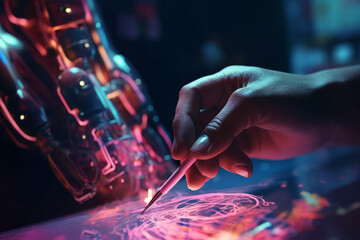 Obraz premium human hand working on digital panel, created with Generative AI Technology