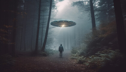 Spooky silhouette walking alone in dark forest, encountering bizarre alien generated by AI