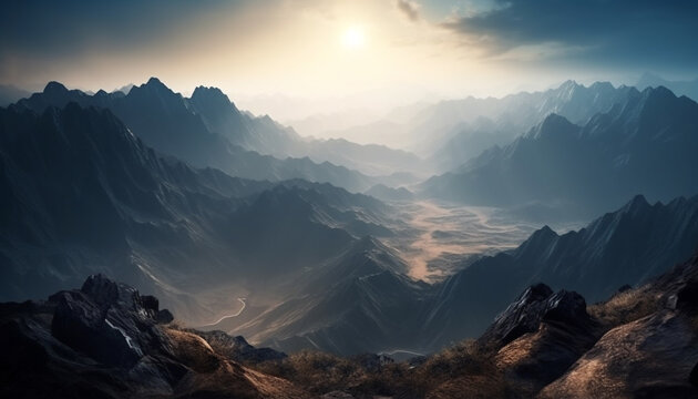 Majestic mountain peak at dusk, a tranquil scene of beauty generated by AI