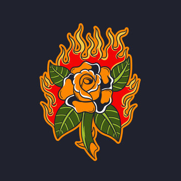 Hand drawn illustration of a rose flower with fire
