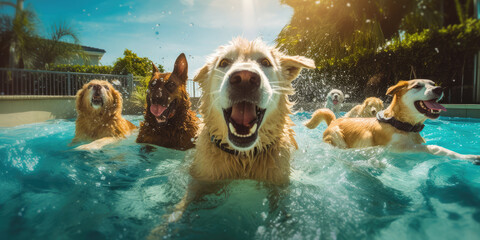 Dogs splashing in the pool at a doggy pool party by generative AI - obrazy, fototapety, plakaty
