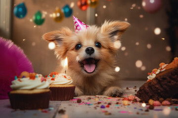 Dog with birthday cupcake by generative AI