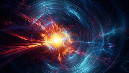 Futuristic galaxy explodes in a bright, multi colored, electric wave generated by AI